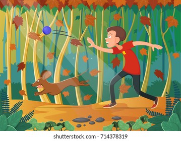 Boy throws ball to his dog in the park. Vector illustration
