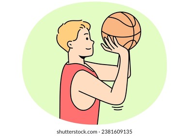 Boy throws ball into hoop or through net. Guy playing basketball or volleyball on court. Basketballer, hoopster, player trying to hit into rim. Sportsman practices drills. Young man training.