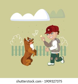 Boy throws a bone to his dog