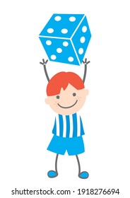 Boy throws dice, blue color, cute vector illustration