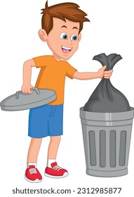 boy throws garbage in the garbage bin