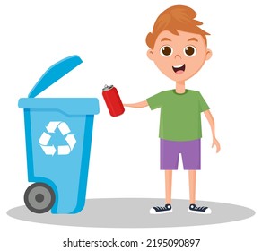 The boy throws out the garbage.Careful treatment of the environment.Vector illustration.