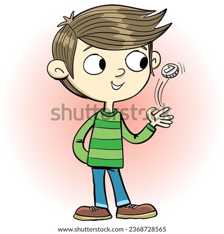 boy throws a small silver coin in the air for a decision