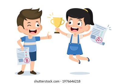 Boy thumb up give to congratulate friend. happy cute kid girl happy receive the 1st award from exams. gold trophy. cartoon vector illustration.