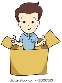 A boy thumb up inside the brown box.