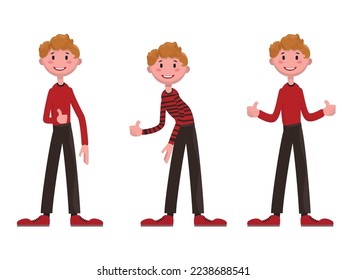 Junge mit Daumen. Tragen Sie rotes langes T-Shirt, dunkelgraue Hosen und rote Schuhe. Einzeln auf weißem Hintergrund. Vektorgrafik im Cartoon-Stil.