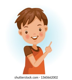 Boy thumbs pointing something. Positive emotions, smiling. Cartoon character vector illustration isolated on white background.