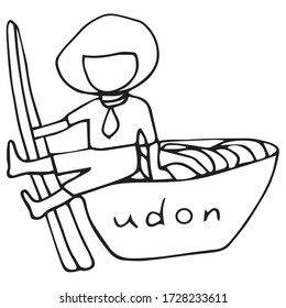 Boy in a tie sits above a plate with udon. For advertising and promotion of noodles.