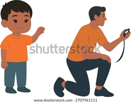 Boy and Timer Illustration, An illustration of a boy standing next to an adult looking at a timer. They are both wearing orange shirts.