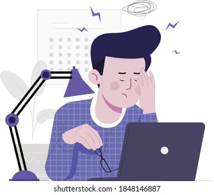 Boy tired sitting at his workplace in office holding her head vector illustration. Concept of emotional burnout, stress, tiredness, mental health problems.