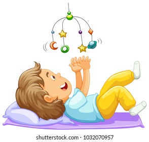 Boy toddler playing with mobile toy illustration