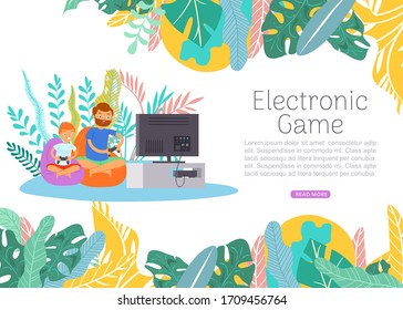 Junge zusammen mit Vater spielen elektronisches Videospiel, Vater und Sohn Gamer Cartoon Web Template Vektorillustration Illustration. Eltern und Kinder halten Gamestick. Spielkonsolen, digitale Unterhaltung, Heimunterhaltung.