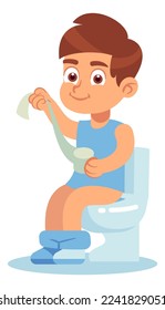 Niño en el baño. Pequeño niño lindo sentado en la cacerola con rollo de papel en la mano, sartén de baño en casa, rutina de niños todos los días, cuidado corporal y concepto de higiene. Dibujo aislado del vector plano de dibujos animados