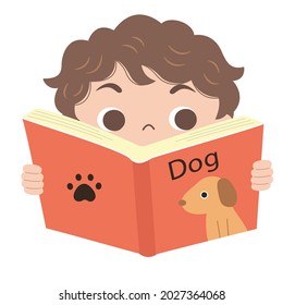 El niño tomó un libro sobre perros y miró a un lado