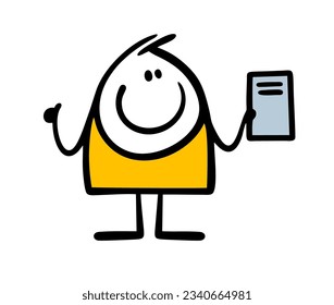 Boy took a good, interesting book from the library and recommends reading it. Vector illustration of a stickman shows a sign of approval. Funny person isolated on white background.