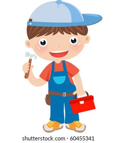 a boy with tool box on white background