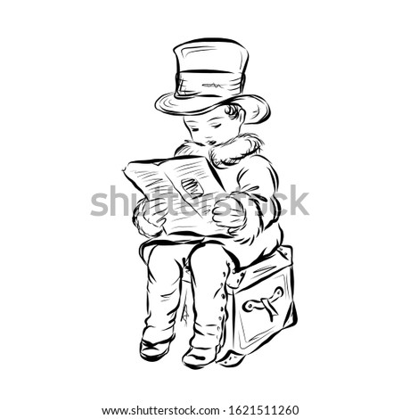 Boy in top hat reads newspaper while sitting on chest