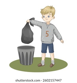 A boy tossing a garbage bag into a bin, showcasing responsible waste disposal.