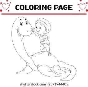 boy is touching dinosaur mauisaurus coloring page for kids
