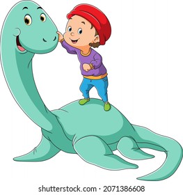 The boy is touching the dinosaur mauisaurus of illustration