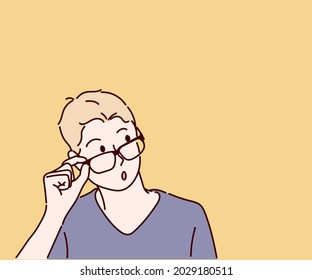 A Boy is touching his glasses, he looking up and thinking something. Hand drawn in thin line style, vector illustrations.