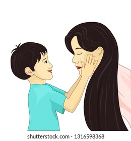 Boy touching his mom's face, touching moment, son  smiles and mother is enjoys, happy woman's day, happy mothers day isolated vector illustration