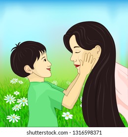 Boy touching his mom's face, touching moment, nature background, son  smiles and mother is enjoys, happy woman's day, happy mothers day vector illustration