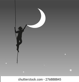 boy touching the moon, hang on the rope, on the heavens, dream, shadows 