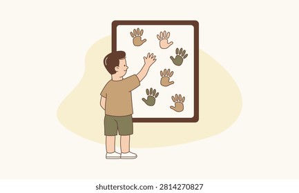 Boy Touching Screen Drawing Handprints on Smart Board Representing Mess Free Creativity Vector