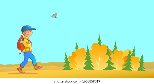 Boy tourist with a backpack travels through the autumn forest. There is a smile on his face, a bird flies nearby. Vector cartoon illustration.