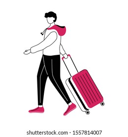 Boy tourist with suitcase flat contour vector illustration. Traveling abroad isolated cartoon outline character on white background. Man going on trip. Budget tourism simple drawing