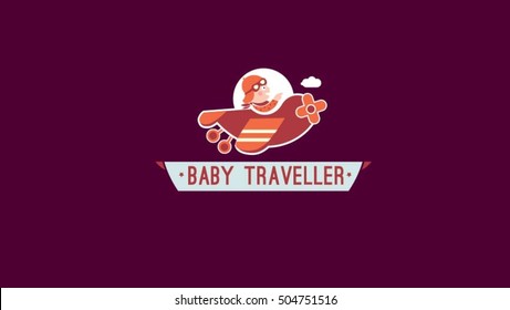 Boy in a toy airplaine vector logo. Toy store emblem (label, sig, symbol). Kids room vector illustration 