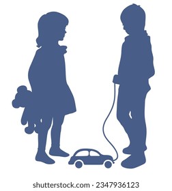 Boy with toy car and girl with teddy bear. Silhouette. Boy and girl are talking and playing together. Little friends. Vector illustration.