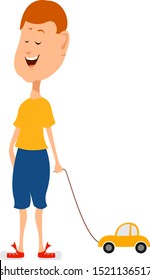 Boy with toy car, illustration, vector on white background.