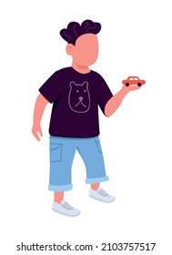 Boy with toy car semi flat color vector character. Standing figure. Full body person on white. Child playing isolated modern cartoon style illustration for graphic design and animation