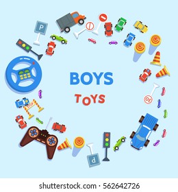 Boy toy cars and road signs on blue background flat design