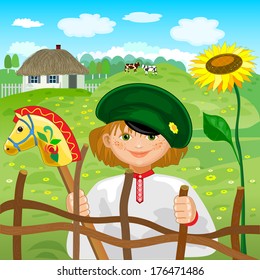 Boy with toy horse on background of rural landscape