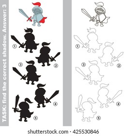 The boy toy Knight with different shadows to find the correct one. Compare and connect object with it true shadow. Visual game for children.