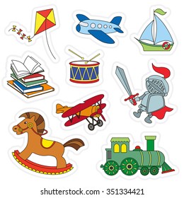 Boy toy set colorful in vector. Kid indoor games.