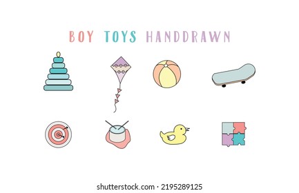 Boy toys doodle vector set icon template. Stack , Kite, Ball, Skateboard, Dots, Drum, Duck, Puzzle