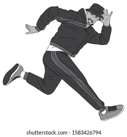 boy in tracksuit jumping, laughing at camera and holding his hat with one hand. comic, vector, gray, black, white, illustration, sport, greet, oldschool.