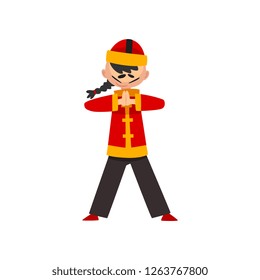 Boy in traditional Chinese costume showing martial arts vector Illustration on a white background