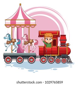 Boy in train with carrousel