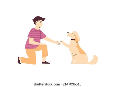 Boy training his dog flat style, give paw command, vector illustration isolated on white background. Cute obedient pet having command lesson. Human and pet friendship concept