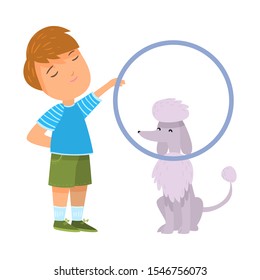Boy training his grey poodle dog with hoop vector illustration