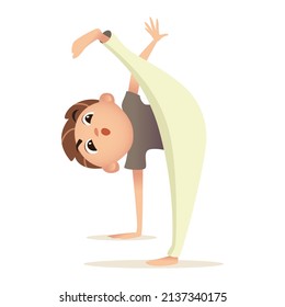 Boy trains in capoeira, stands in pose on one arm and leg, lifted the other leg up. Child goes in for sports. Vector illustration