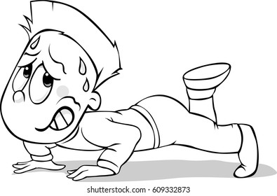 boy trains - strenuous exercise, vector black and white illustration