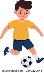 The boy transitions from a stationary position to actively kicking the soccer ball in this playful sequence.