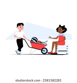 Boy Transporting Harvest In A Wheelbarrow While Talking To A Girl In Flat Vector Illustration Symbolizing Farming, Agriculture, And Community, Isolated On White Background.