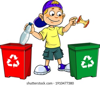 Boy with Trash Bins. Colour vector illustration of a cartoon smiling boy Throwing Garbage In Trash Bin.